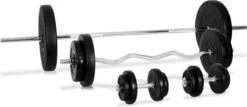 Klarfit Dumbell Set - Halterset 97,5kg : 2 Korte Halters, 8 Korte Haltergewichten , 1 Lange Halterstang, 1 Curlbellstang En 6 Lange Haltergewichten