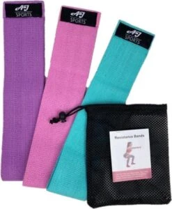 AJ-Sports Weerstandsbanden - Booty Band - Resistance Band - Fitness Elastiek - Paars/Roze/Cyaan - Set Van 3 Weerstandsbanden - Resistance Band - Fitness Band - Workout - Fitness - Inclusief Handleiding En Draagtas